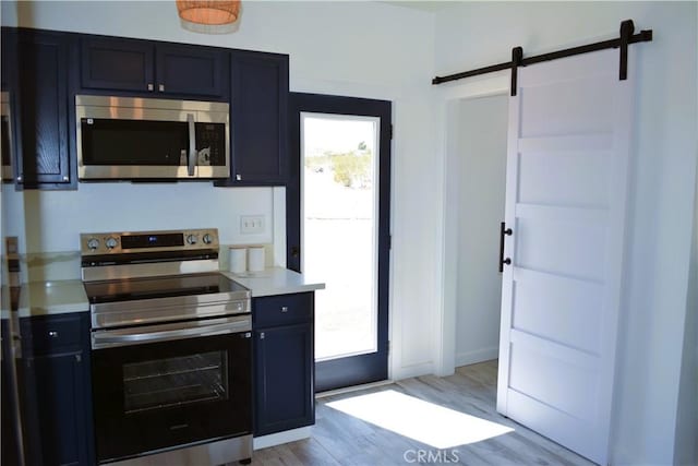 kitchen featuring a barn door, light countertops, a wealth of natural light, and stainless steel appliances