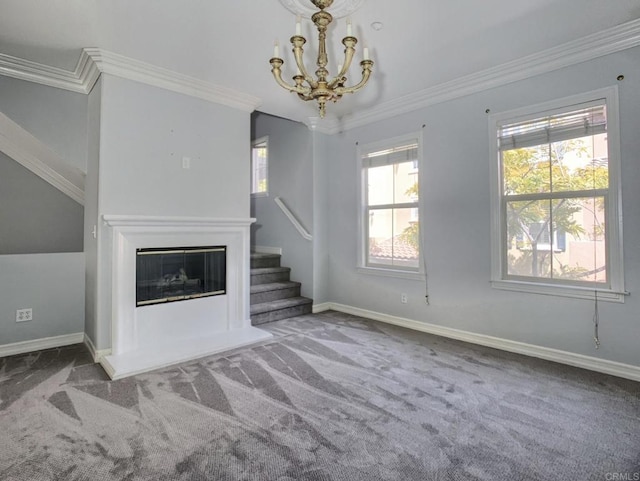 2668 Escala Cir, San Diego, CA 92108 - unfurnished living room featuring stairway, a chandelier, crown molding, baseboards, and carpet floors
