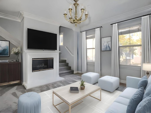 2668 Escala Cir, San Diego, CA 92108 - living room with baseboards, a notable chandelier, stairs, and plenty of natural light