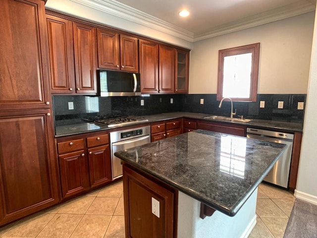 2668 Escala Cir, San Diego, CA 92108 - kitchen featuring tasteful backsplash, glass insert cabinets, appliances with stainless steel finishes, a sink, and light tile patterned flooring