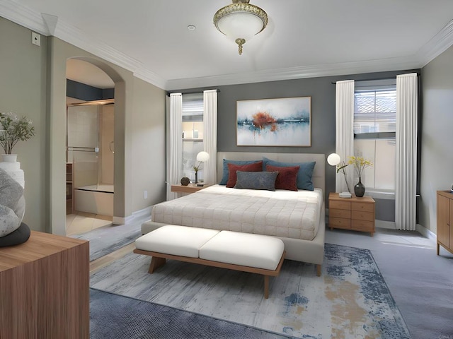 2668 Escala Cir, San Diego, CA 92108 - bedroom featuring baseboards, arched walkways, ensuite bath, and crown molding