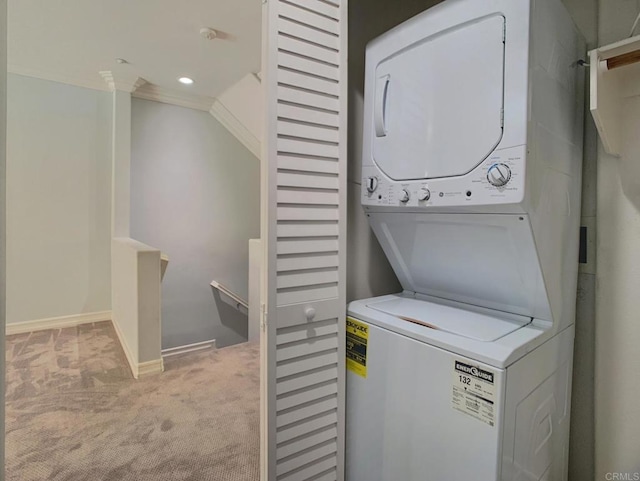 2668 Escala Cir, San Diego, CA 92108 - clothes washing area featuring carpet flooring, stacked washer / drying machine, recessed lighting, ornamental molding, and laundry area