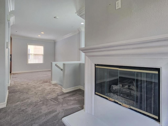 2668 Escala Cir, San Diego, CA 92108 - corridor featuring ornamental molding, an upstairs landing, carpet flooring, and baseboards