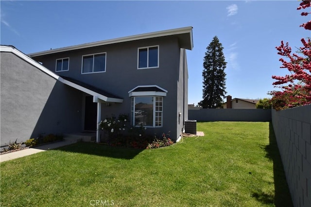 23408 Dorset Pl, Harbor City, CA 90710 - rear view of house with a yard, central air condition unit, a fenced backyard, and stucco siding
