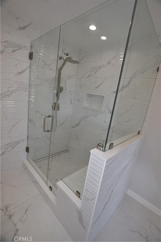 23408 Dorset Pl, Harbor City, CA 90710 - bathroom featuring recessed lighting, marble finish floor, baseboards, and a marble finish shower