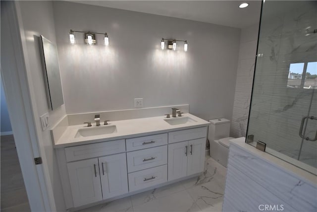 23408 Dorset Pl, Harbor City, CA 90710 - bathroom with marble finish floor, a sink, a shower stall, and toilet
