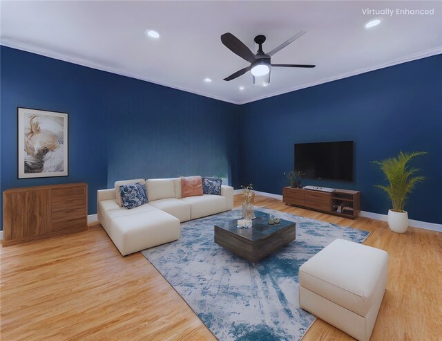 3724 W 105th St, Inglewood, CA 90303 - living area featuring recessed lighting, a ceiling fan, wood finished floors, and crown molding
