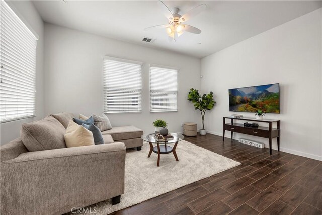 144 Borrego, Irvine, CA 92618 - living area featuring wood finish floors, plenty of natural light, visible vents, and ceiling fan