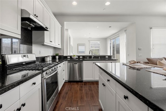 144 Borrego, Irvine, CA 92618 - kitchen with a sink, white cabinetry, dark wood-style floors, under cabinet range hood, and stainless steel appliances
