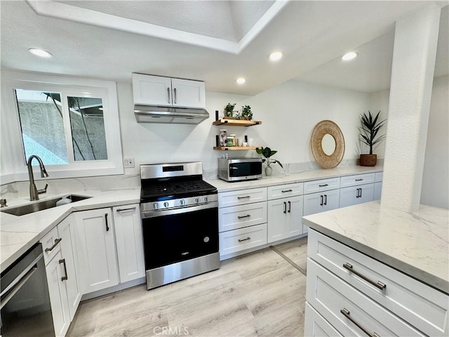 kitchen featuring under cabinet range hood, a sink, light wood-style flooring, appliances with stainless steel finishes, and white cabinetry