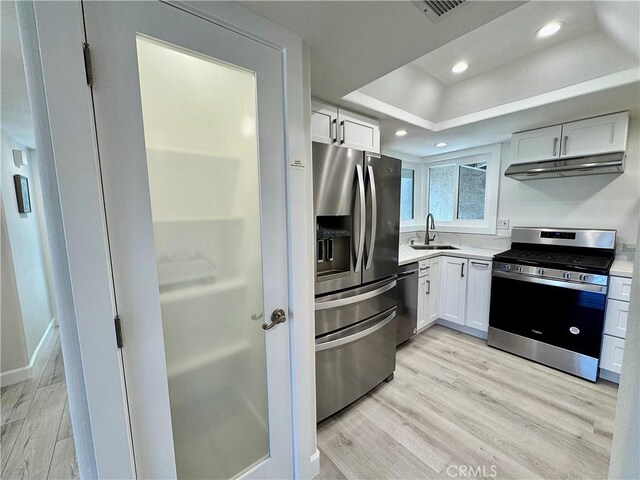 28181 Sorrento Unit 97, Laguna Niguel, CA 92677 - kitchen with appliances with stainless steel finishes, a sink, light countertops, under cabinet range hood, and a raised ceiling