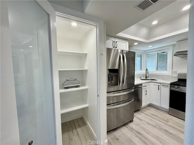 28181 Sorrento Unit 97, Laguna Niguel, CA 92677 - kitchen featuring appliances with stainless steel finishes, a sink, white cabinets, light wood-type flooring, and recessed lighting