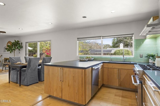 1414 Meadowbrook Rd, Ojai, CA 93023 - kitchen with stainless steel appliances, a sink, light wood-type flooring, decorative backsplash, and dark countertops