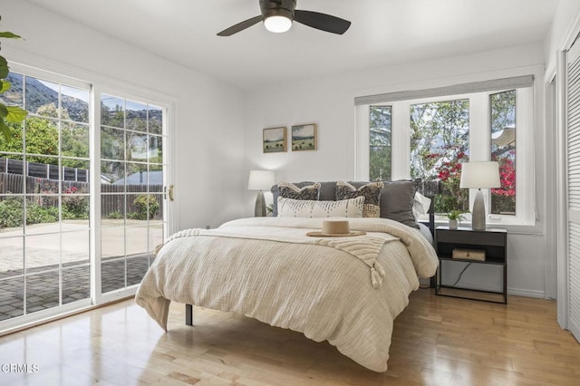 1414 Meadowbrook Rd, Ojai, CA 93023 - bedroom featuring access to outside, wood finished floors, a ceiling fan, and baseboards