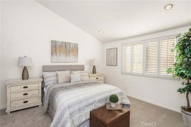 bedroom featuring baseboards, vaulted ceiling, recessed lighting, and light carpet
