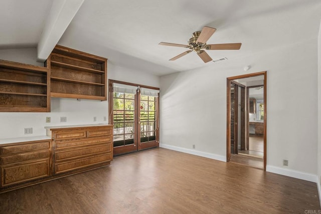 living room with dark wood finished floors, baseboards, vaulted ceiling with beams, and ceiling fan
