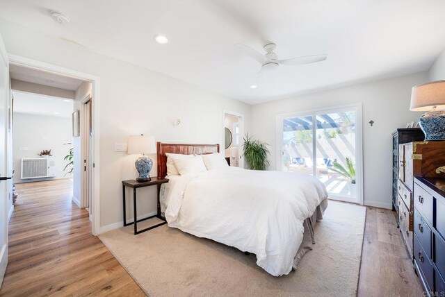 bedroom featuring access to exterior, a ceiling fan, baseboards, light wood-style floors, and recessed lighting