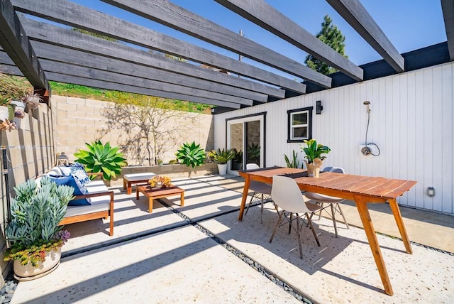 view of patio with outdoor dining area, a pergola, an outdoor living space, and fence