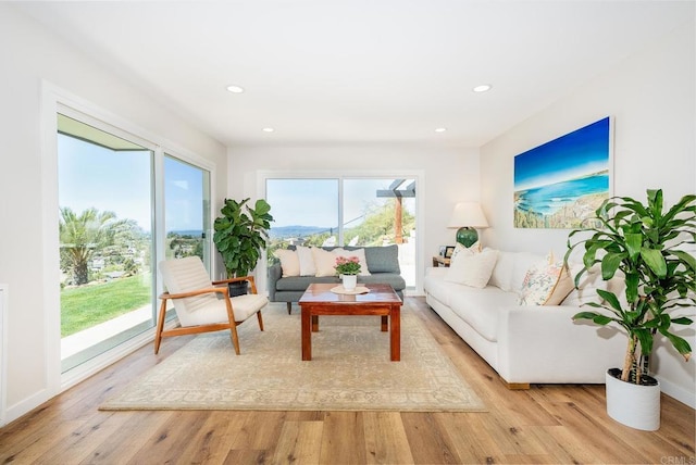 living room featuring light wood finished floors, baseboards, and recessed lighting