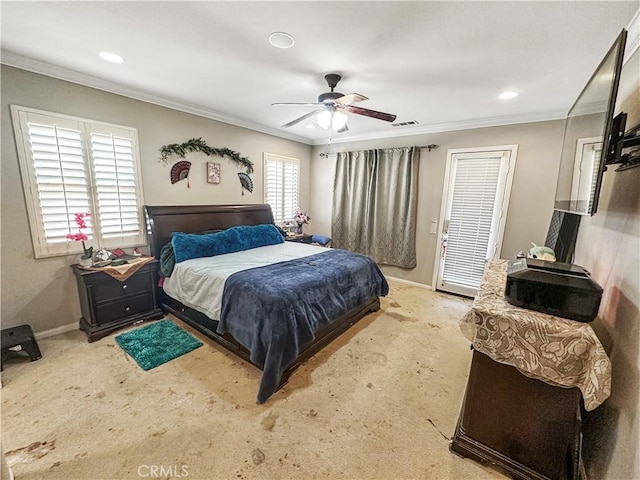 bedroom featuring baseboards, crown molding, and carpet