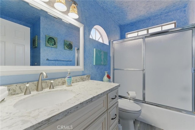 3140 Timberline Dr, Corona, CA 92882 - bathroom with toilet, vanity, enclosed tub / shower combo, and lofted ceiling