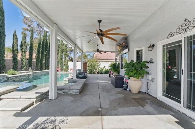 3140 Timberline Dr, Corona, CA 92882 - view of patio with a fenced in pool, a fenced backyard, and ceiling fan