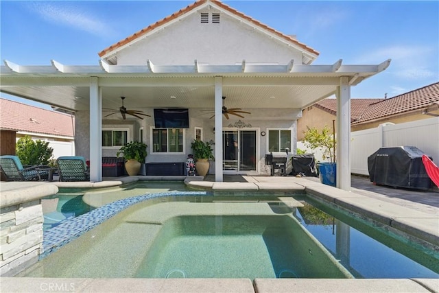 3140 Timberline Dr, Corona, CA 92882 - back of house with a patio, stucco siding, an outdoor pool, a hot tub, and fence