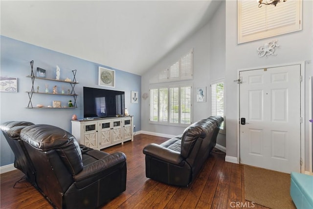 3140 Timberline Dr, Corona, CA 92882 - living area with high vaulted ceiling, baseboards, and hardwood / wood-style flooring