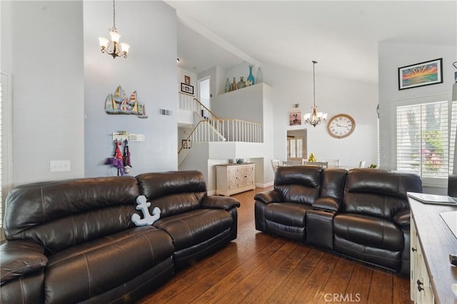 3140 Timberline Dr, Corona, CA 92882 - living room featuring a chandelier, stairs, visible vents, dark wood finished floors, and high vaulted ceiling