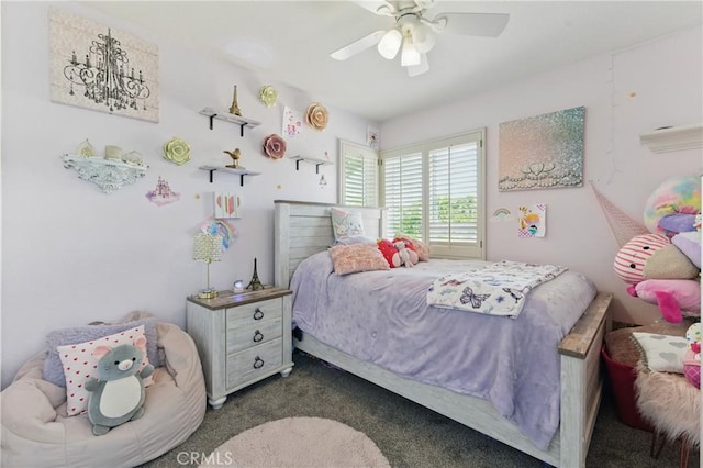 3140 Timberline Dr, Corona, CA 92882 - bedroom featuring dark carpet and a ceiling fan