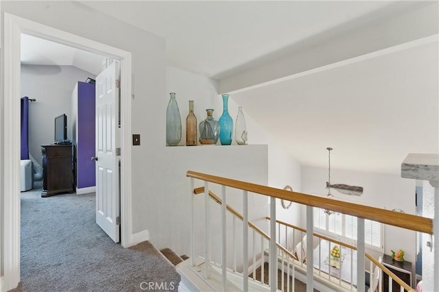 3140 Timberline Dr, Corona, CA 92882 - corridor with vaulted ceiling, carpet, and an upstairs landing