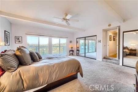21651 Yucatan Ave, Woodland Hills, CA 91364 - bedroom featuring carpet floors, access to exterior, beamed ceiling, and a ceiling fan