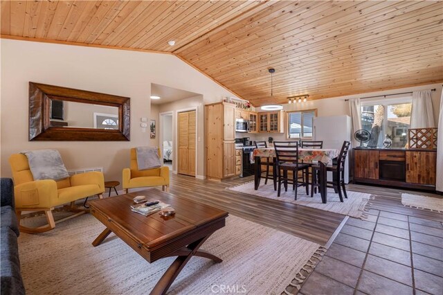 196 Sunset Ln, Sugarloaf, CA 92386 - living area featuring lofted ceiling and wood ceiling