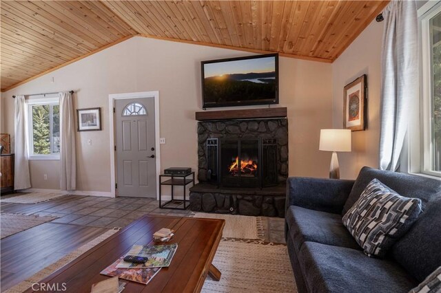 196 Sunset Ln, Sugarloaf, CA 92386 - living area featuring lofted ceiling, wood ceiling, a fireplace, wood finished floors, and baseboards