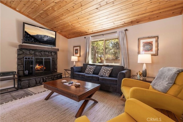 196 Sunset Ln, Sugarloaf, CA 92386 - living room with wood ceiling, lofted ceiling, and a fireplace