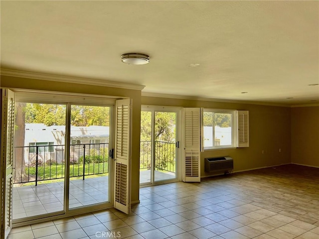 doorway to outside featuring heating unit, baseboards, ornamental molding, and light tile patterned floors