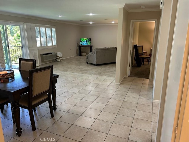 2370 Via Mariposa W Unit 1B, Laguna Woods, CA 92637 - dining room featuring light tile patterned flooring, a wall mounted AC, crown molding, and recessed lighting