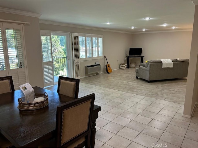 2370 Via Mariposa W Unit 1B, Laguna Woods, CA 92637 - dining area with plenty of natural light, ornamental molding, recessed lighting, a wall mounted AC, and light tile patterned floors