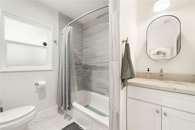 6144 E Coralite St, Long Beach, CA 90808 - bathroom featuring marble finish floors, toilet, shower / bath combination with curtain, vanity, and baseboards