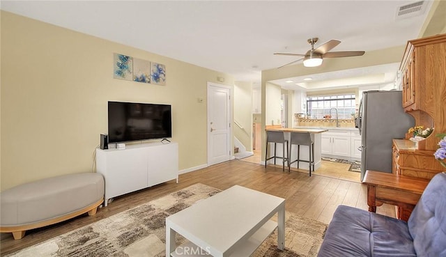 4018 W 5th St Unit J, Santa Ana, CA 92703 - living area featuring visible vents, a ceiling fan, baseboards, light wood-style flooring, and stairs