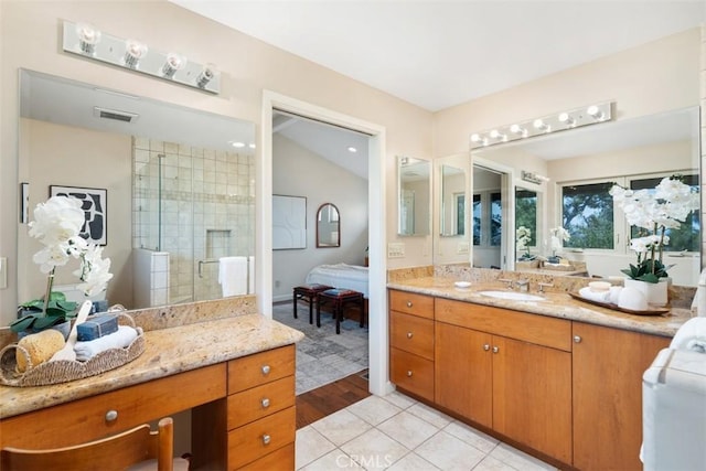 2377 Silver Ridge Ave, Los Angeles, CA 90039 - ensuite bathroom with a stall shower, vanity, and tile patterned flooring