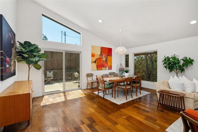 2377 Silver Ridge Ave, Los Angeles, CA 90039 - dining area with wood finished floors, plenty of natural light, recessed lighting, high vaulted ceiling, and a chandelier