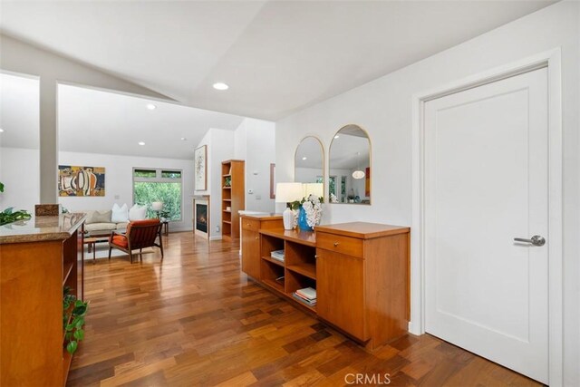 2377 Silver Ridge Ave, Los Angeles, CA 90039 - hallway featuring wood finished floors, vaulted ceiling, and recessed lighting