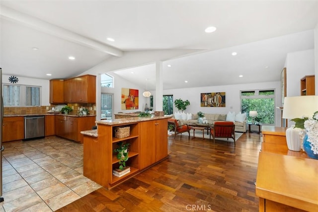 2377 Silver Ridge Ave, Los Angeles, CA 90039 - kitchen with stainless steel dishwasher, open floor plan, brown cabinetry, open shelves, and decorative backsplash