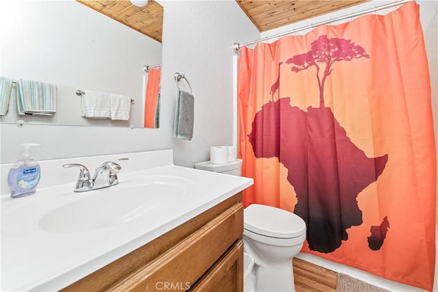 212 Vista Ln, Sugarloaf, CA 92386 - bathroom featuring toilet, wood finished floors, vanity, a shower with curtain, and wood ceiling