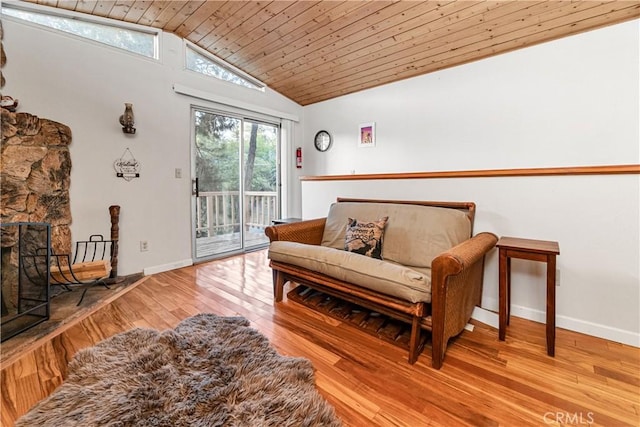 212 Vista Ln, Sugarloaf, CA 92386 - living room with baseboards, wood finished floors, vaulted ceiling, and wooden ceiling