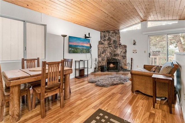 212 Vista Ln, Sugarloaf, CA 92386 - living room featuring vaulted ceiling, wood ceiling, light wood-type flooring, and a fireplace