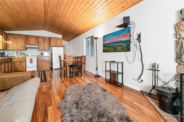 212 Vista Ln, Sugarloaf, CA 92386 - living room with baseboards, lofted ceiling, wood finished floors, and wooden ceiling