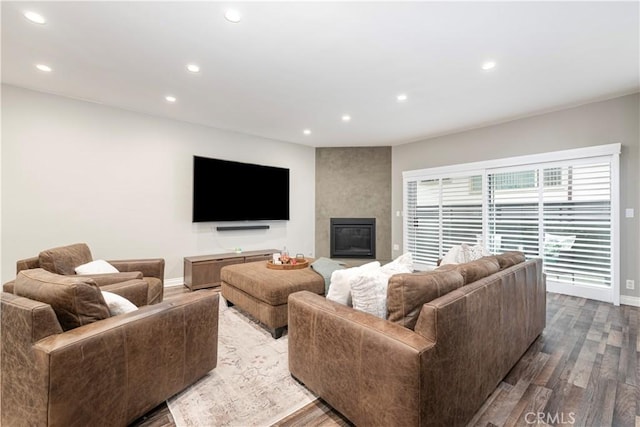 14919 Dickens St Unit 104, Sherman Oaks, CA 91403 - living room featuring wood finished floors, recessed lighting, and a large fireplace