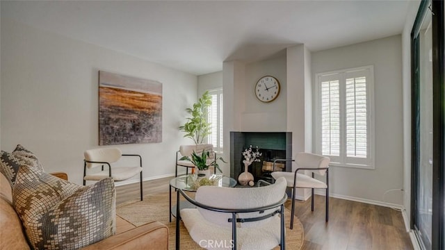 living area with baseboards, a fireplace, and wood finished floors
